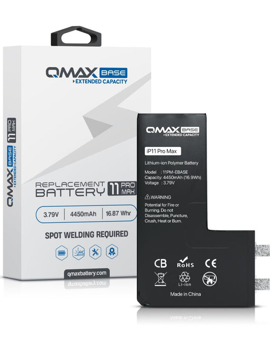 QMAX Base iPhone 11 Pro Max Extended Capacity Replacement Battery (Spot Weld Required) (4450 mAh)