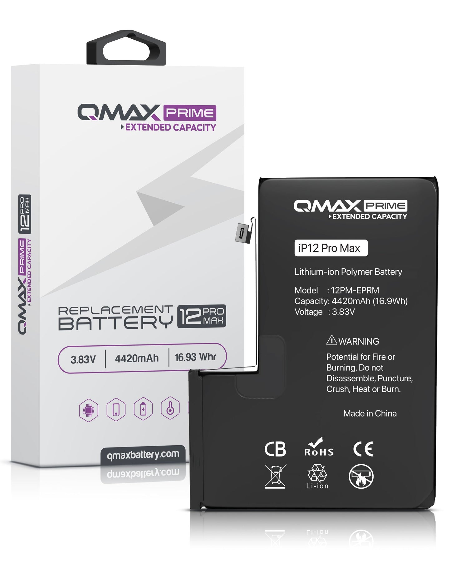 QMAX Prime iPhone 12 Pro Max Extended Capacity Replacement Battery (Spot Weld NOT Required) (4420 mAh)