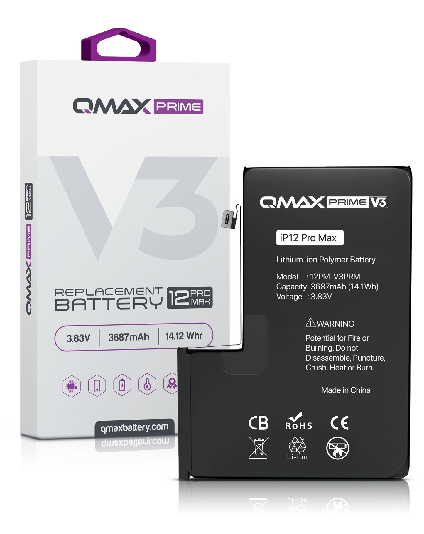 QMAX Prime V3 Replacement Battery for iPhone 12 Pro Max (No Pop-Up) (3687 mAh)