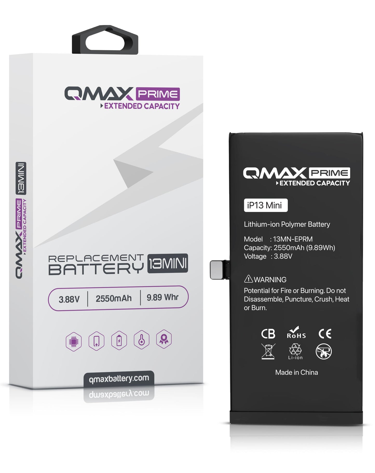 QMAX Prime iPhone 13 Mini Extended Capacity Replacement Battery (Spot Weld NOT Required) (2550 mAh)