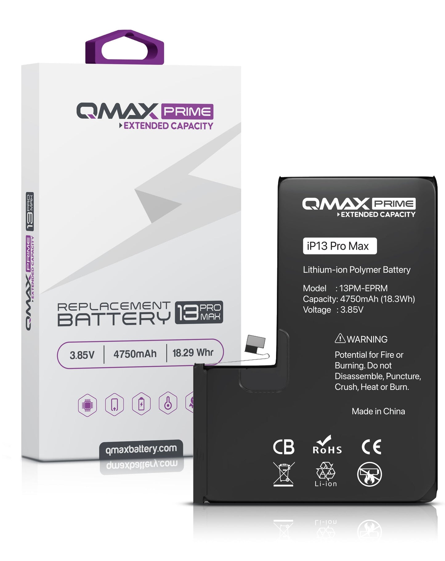 QMAX Prime iPhone 13 Pro Max Extended Capacity Replacement Battery (Spot Weld NOT Required) (4750 mAh)