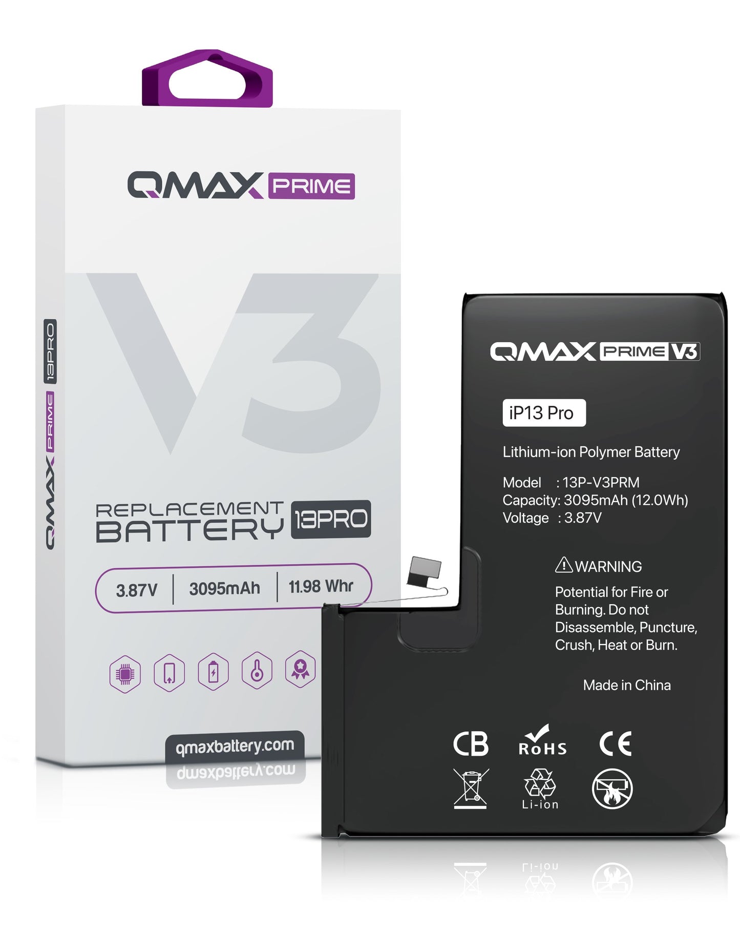 QMAX Prime V3 Replacement Battery for iPhone 13 Pro (No Pop-Up) (3095 mAh)