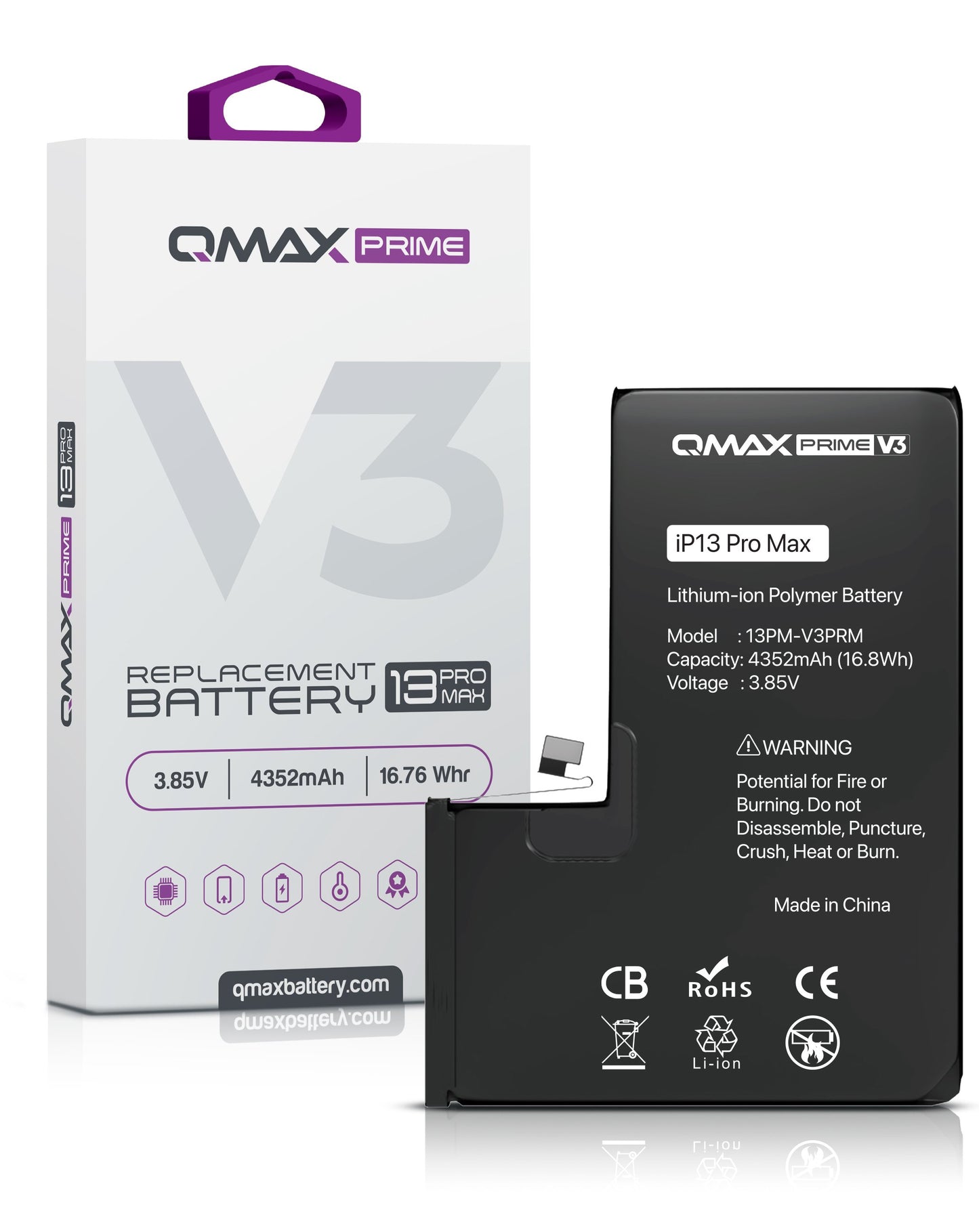 QMAX Prime V3 Replacement Battery for iPhone 13 Pro Max (No Pop-Up) (4352 mAh)
