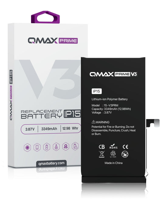 QMAX Prime V3 Replacement Battery for iPhone 15 (No Pop-Up) (3349 mAh)