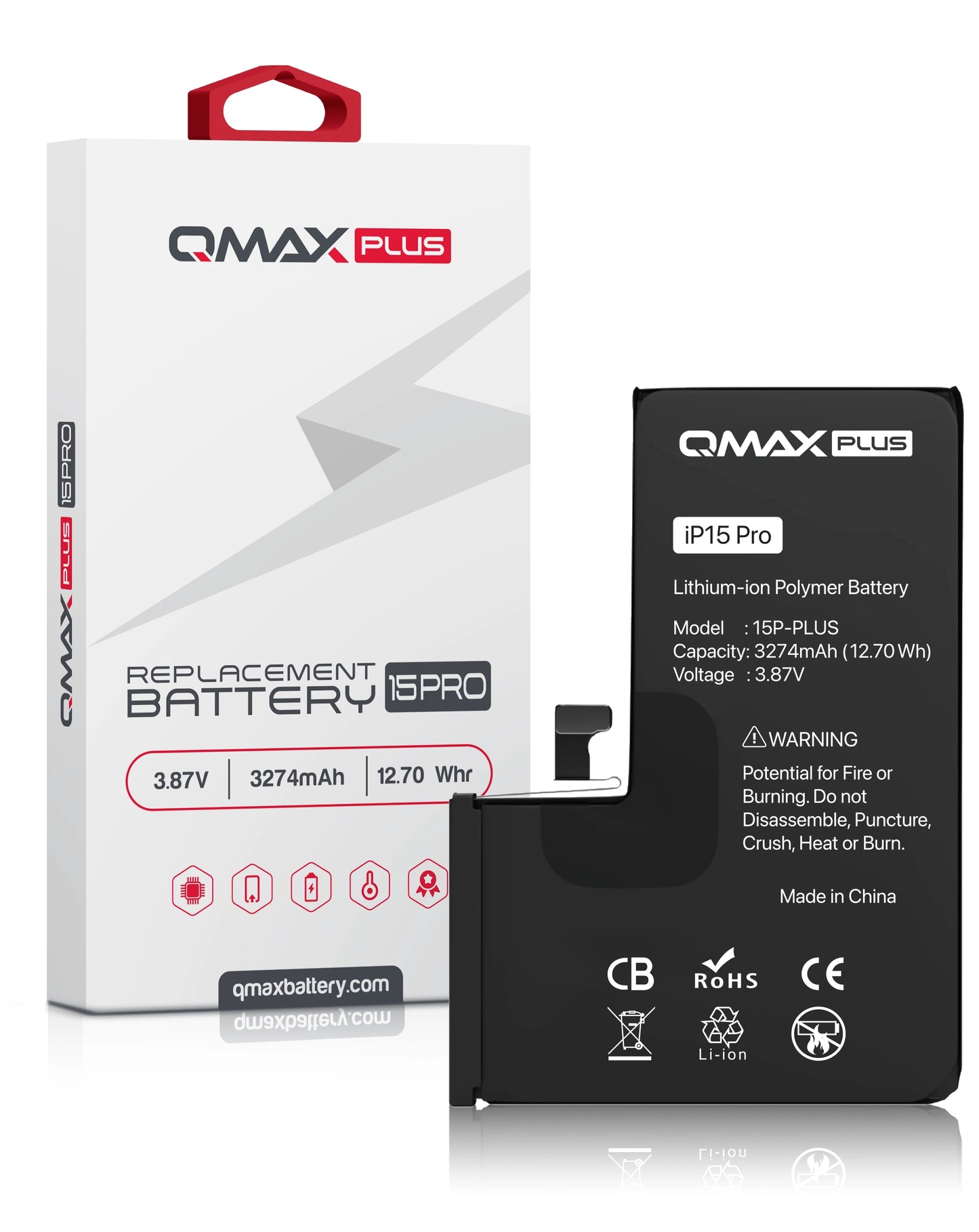 QMAX Plus Replacement Battery for iPhone 15 Pro (3274 mAh) (Only Ground Shipping)
