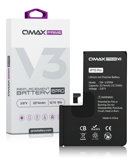 QMAX Prime V3 Replacement Battery for iPhone 15 Pro (No Pop-Up) (3274 mAh)
