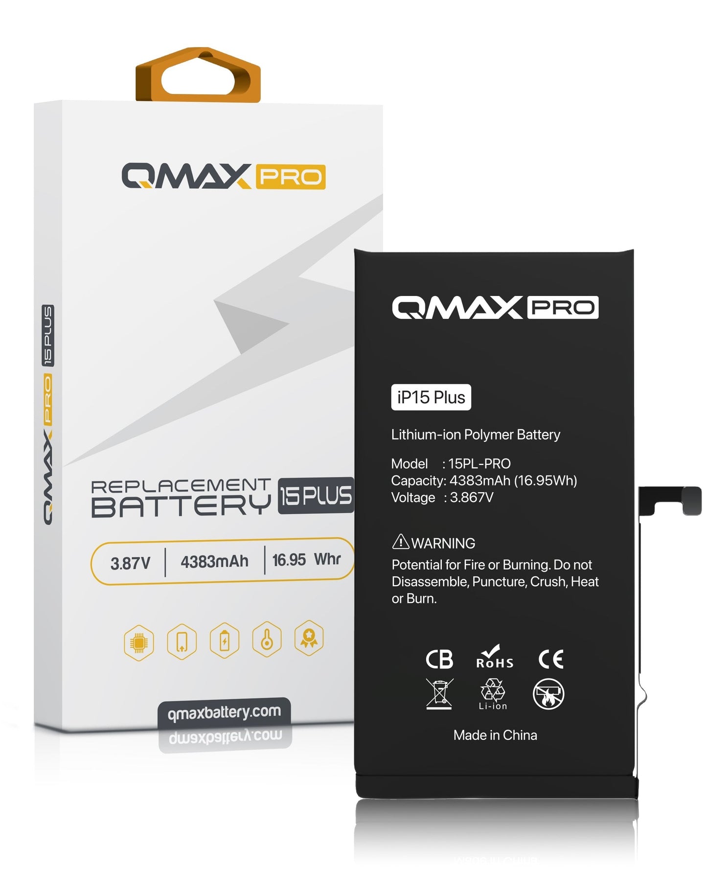 QMAX Pro Replacement Battery for iPhone 15 Plus (4383 mAh) (Only Ground Shipping)