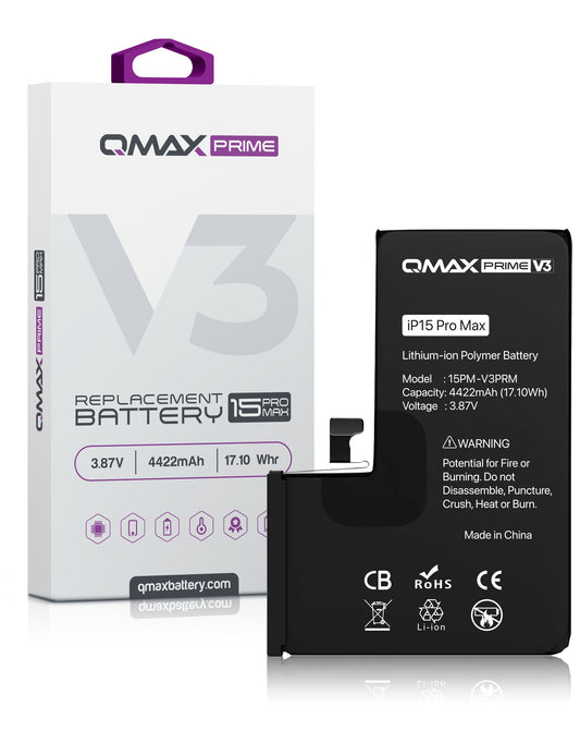 QMAX Prime V3 Replacement Battery for iPhone 15 Pro Max (No Pop-Up) (4422 mAh)