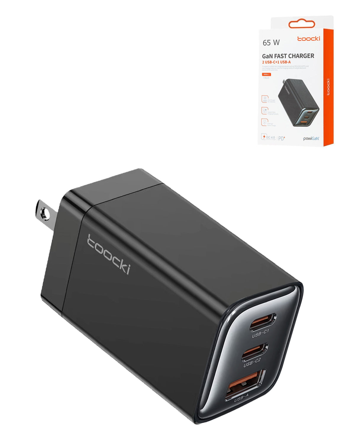Toocki 65W USB A+ 2x USB C Fast GaN Charger (BLACK) (Only Ground Shipping)
