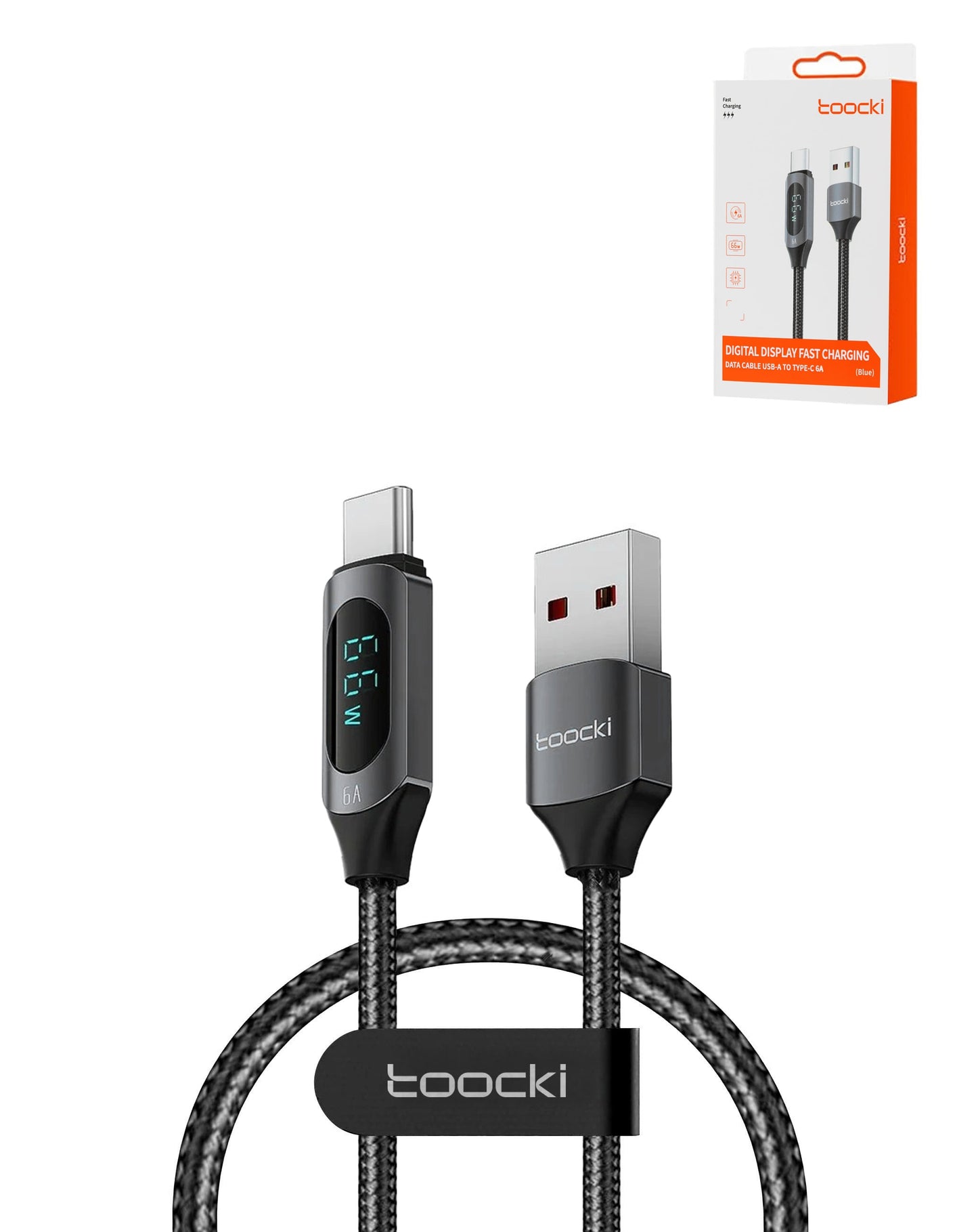Toocki USB A-C Fast Charging Data Cable with Display (BLACK) (66W) (3ft) (Only Ground Shipping)