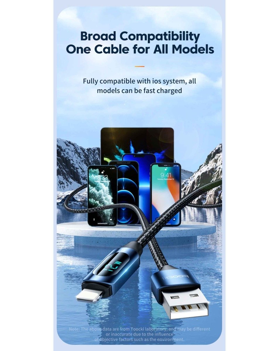 Toocki USB A-L Non-MFI Fast Charging Data Cable w/ Display (BROWN) (12W) (6ft)