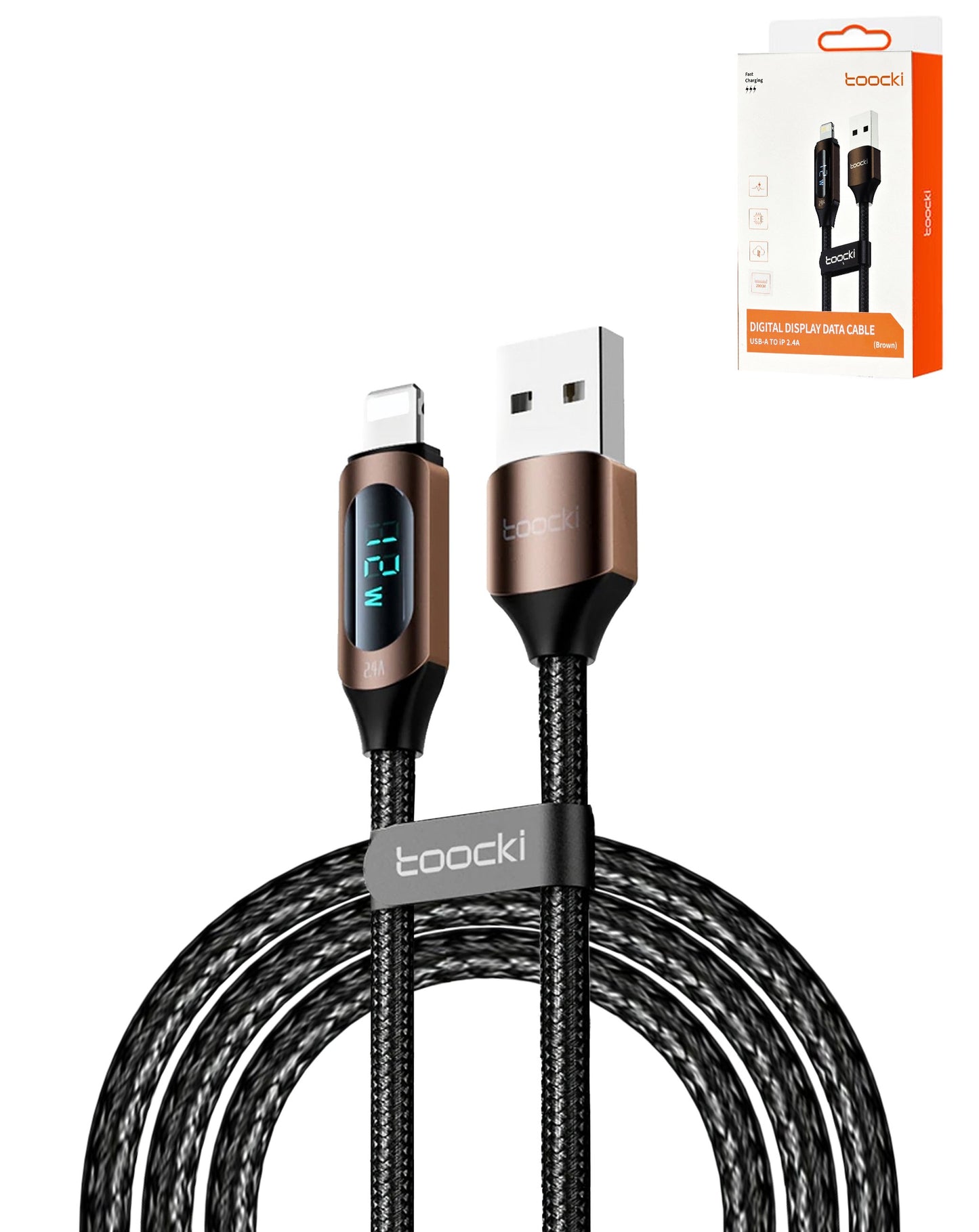 Toocki USB A-L Non-MFI Fast Charging Data Cable w/ Display (BROWN) (12W) (6ft)
