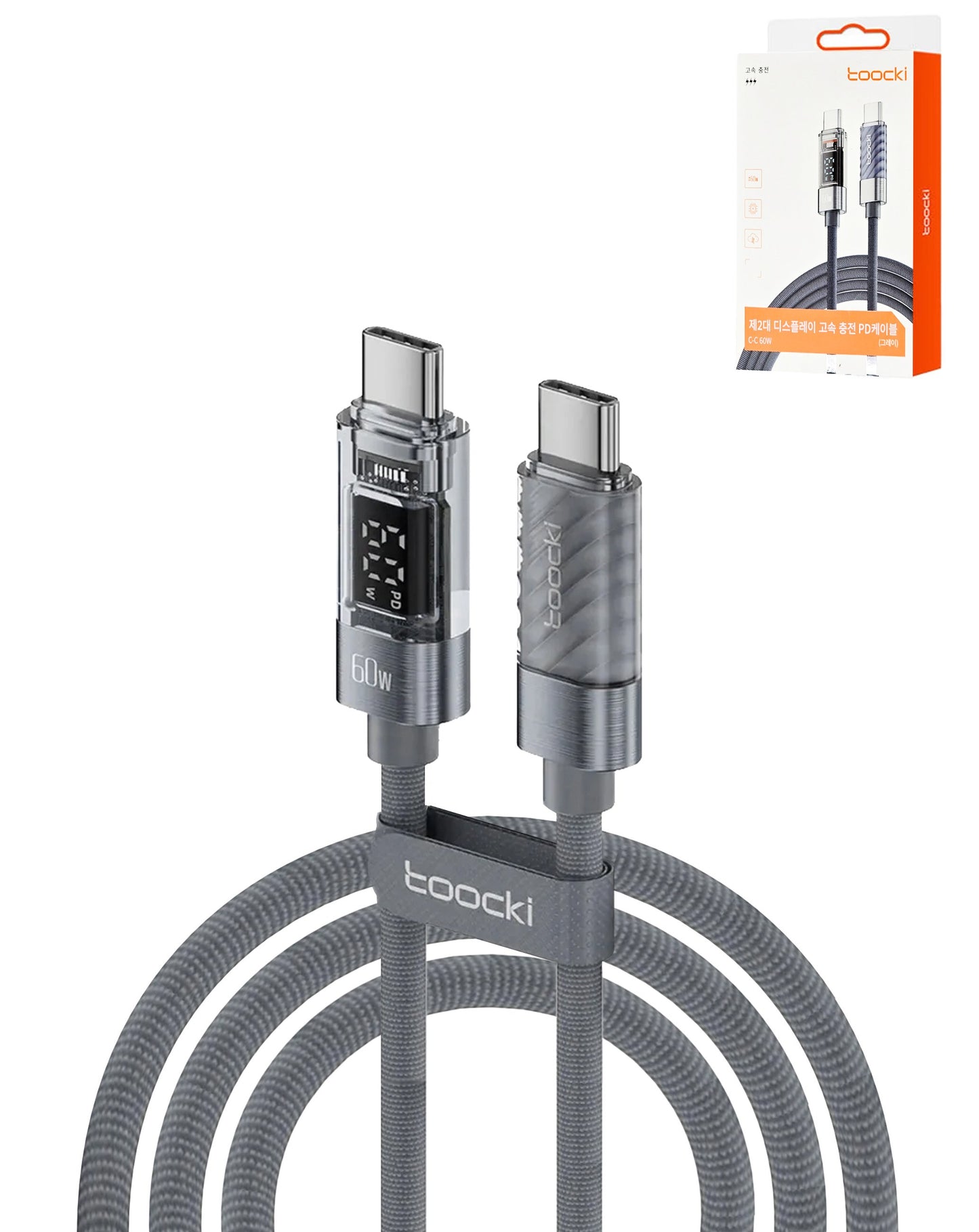 Toocki USB C-C Super Fast Charging Data Cable w/ Display (GRAY) (60W) (6ft)