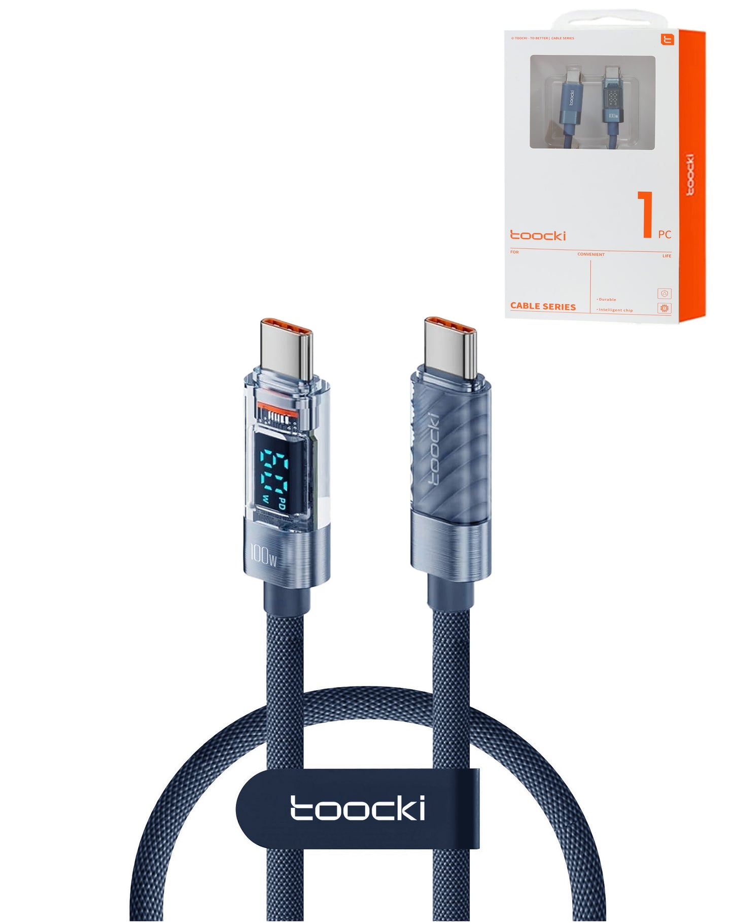 Toocki USB C-C Super Fast Charging Data Cable with Display (BLUE) (100W) (3ft) (Only Ground Shipping)