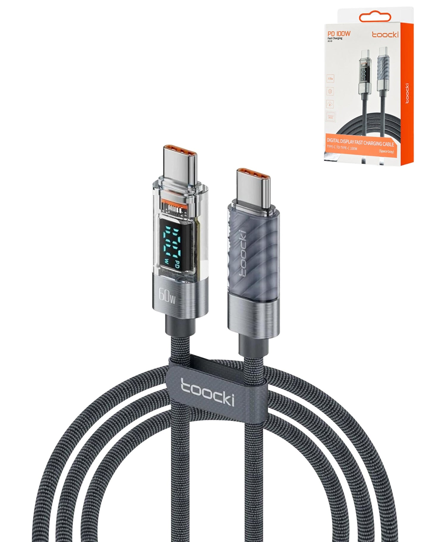 Toocki USB C-C Super Fast Charging Data Cable w/ Display (GRAY) (100W) (6ft)