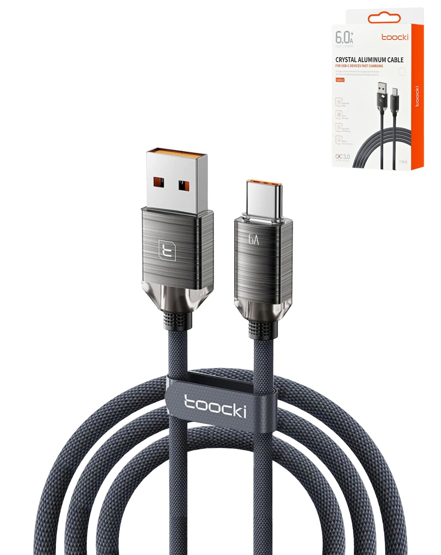 Toocki USB A-C Crystal Fast Braided Charging Data Cable (BLACK) (66W) (6ft)