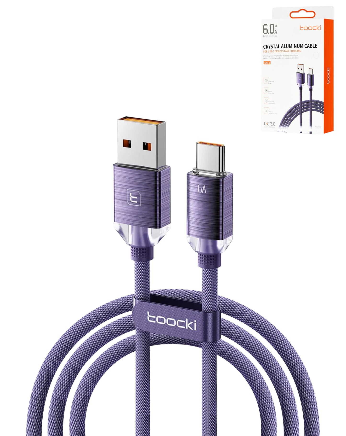 Toocki USB A-C Crystal Fast Braided Charging Data Cable (PURPLE) (66W) (6ft)