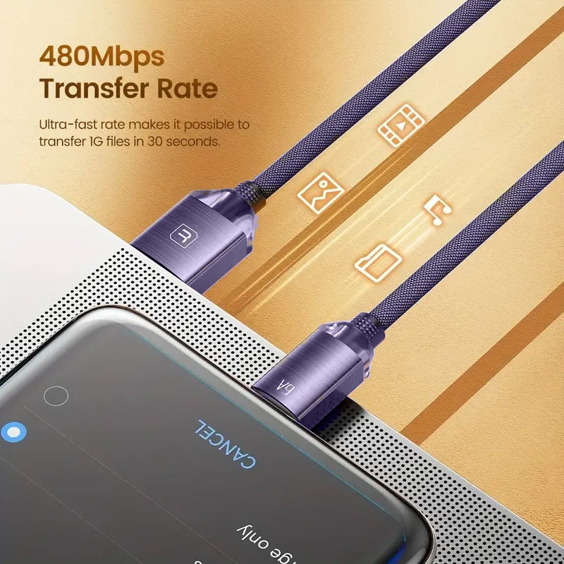 Toocki USB A-C Crystal Fast Braided Charging Data Cable (PURPLE) (66W) (6ft)