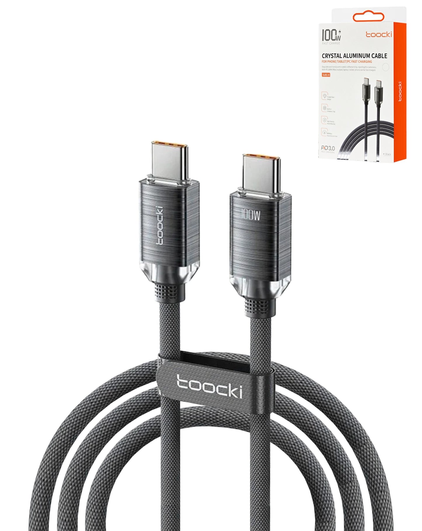 Toocki USB C-C Crystal Fast Braided Charging Data Cable (BLACK) (100W) (6ft)