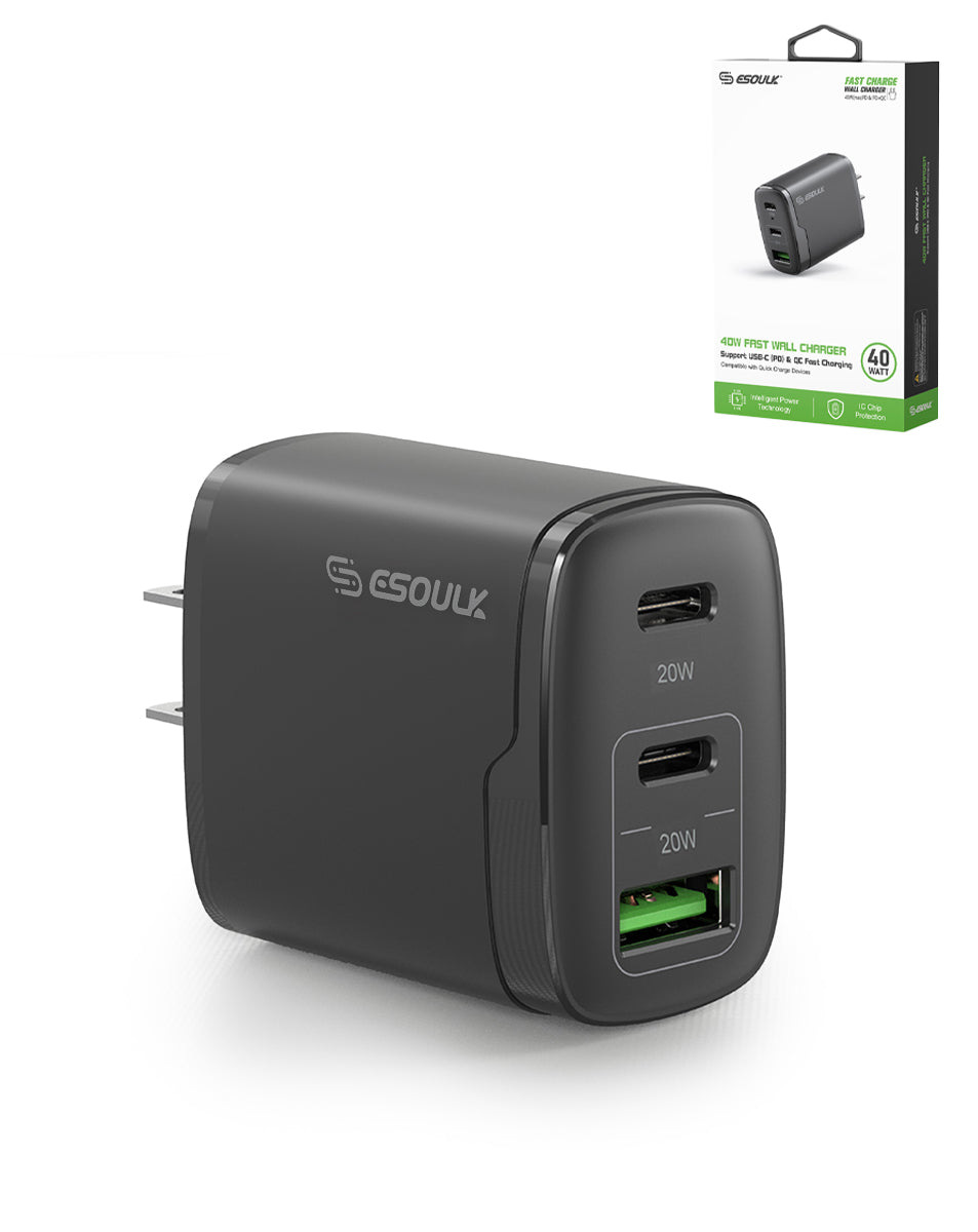 Esoulk EA18 Dual USB-C + USB-A Fast Wall Charger (BLACK) (40W) (Only Ground Shipping)
