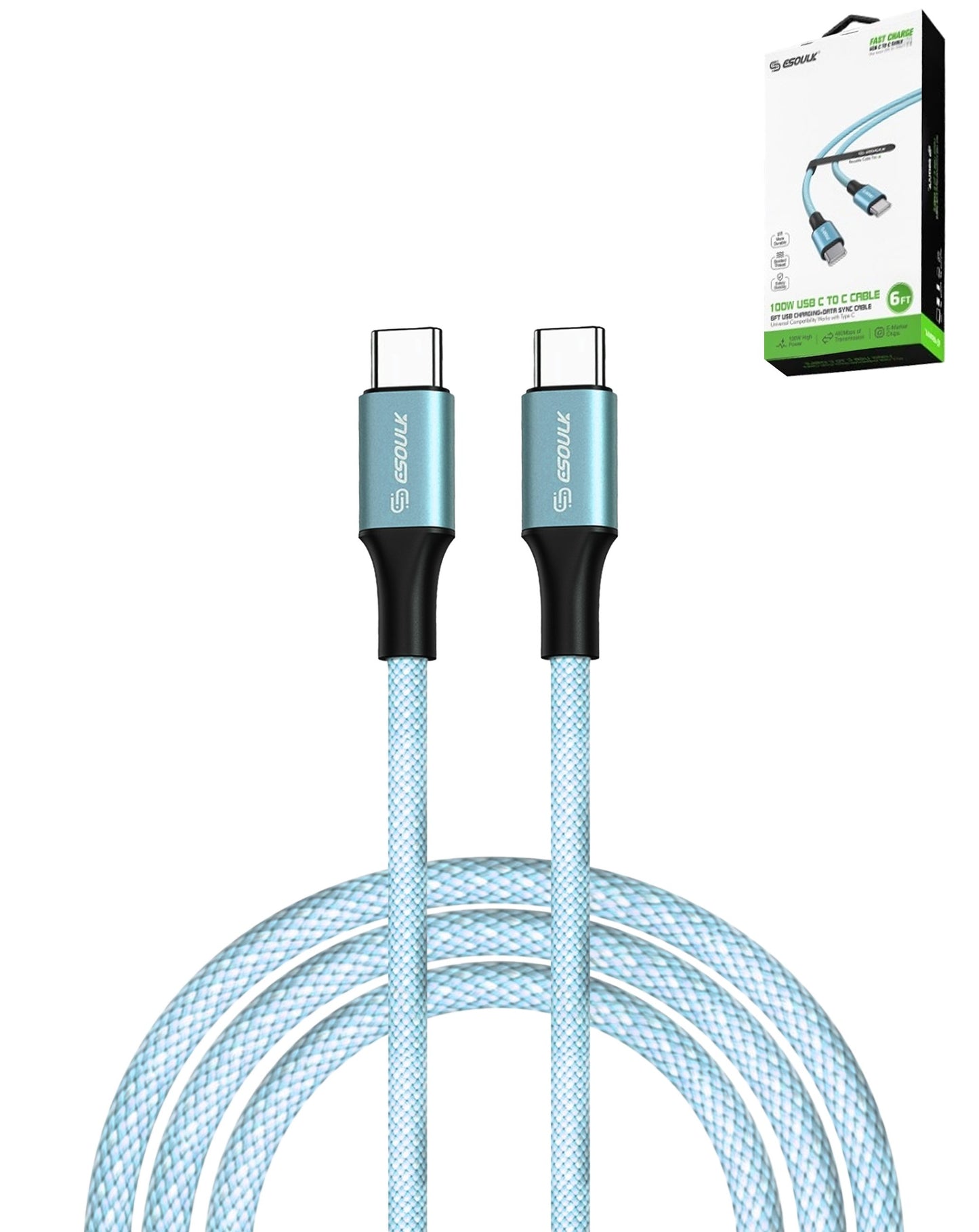 Esoulk USB C-C Charging & Data Sync Cable (BLUE) (100W) (6ft)