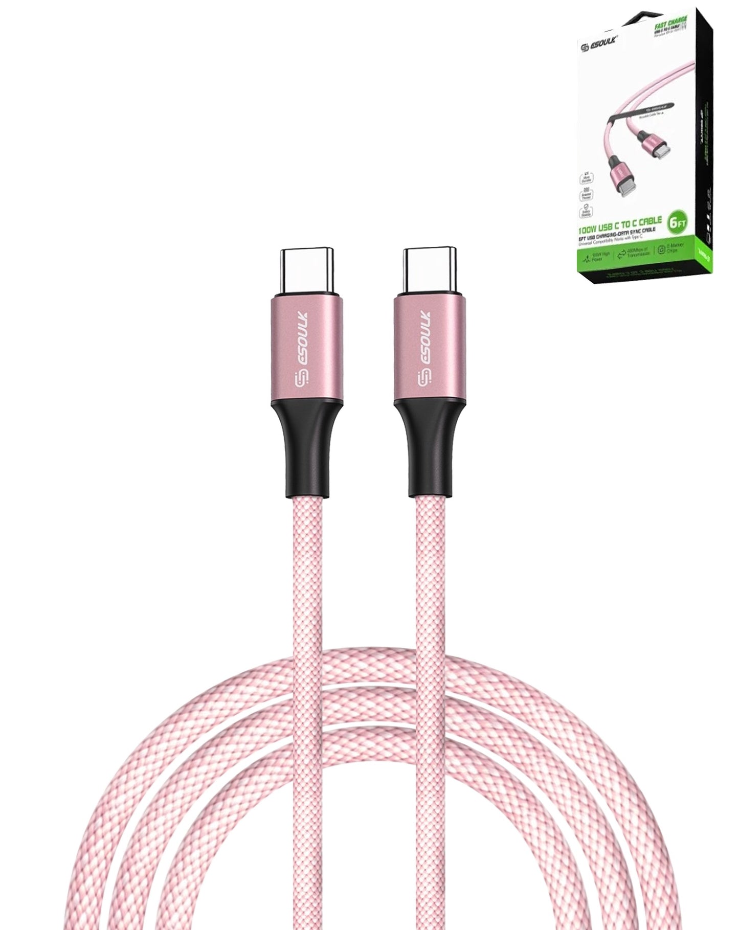 Esoulk USB C-C Charging & Data Sync Cable (PINK) (100W) (6ft)