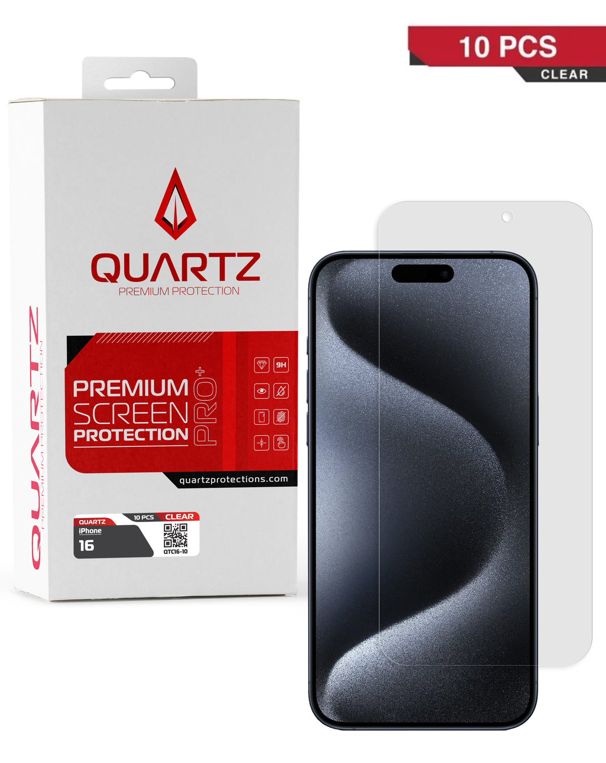 QUARTZ Clear Tempered Glass for iPhone 16 (Pack of 10)