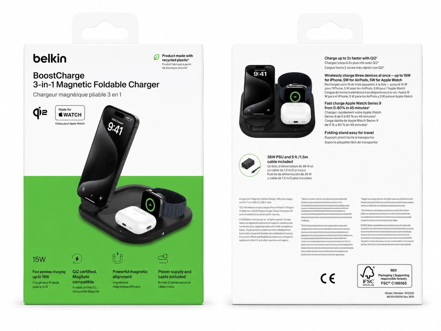Belkin BoostCharge 3-in-1 Magnetic Foldable Wireless Charger with Qi2 15W (Open Box)