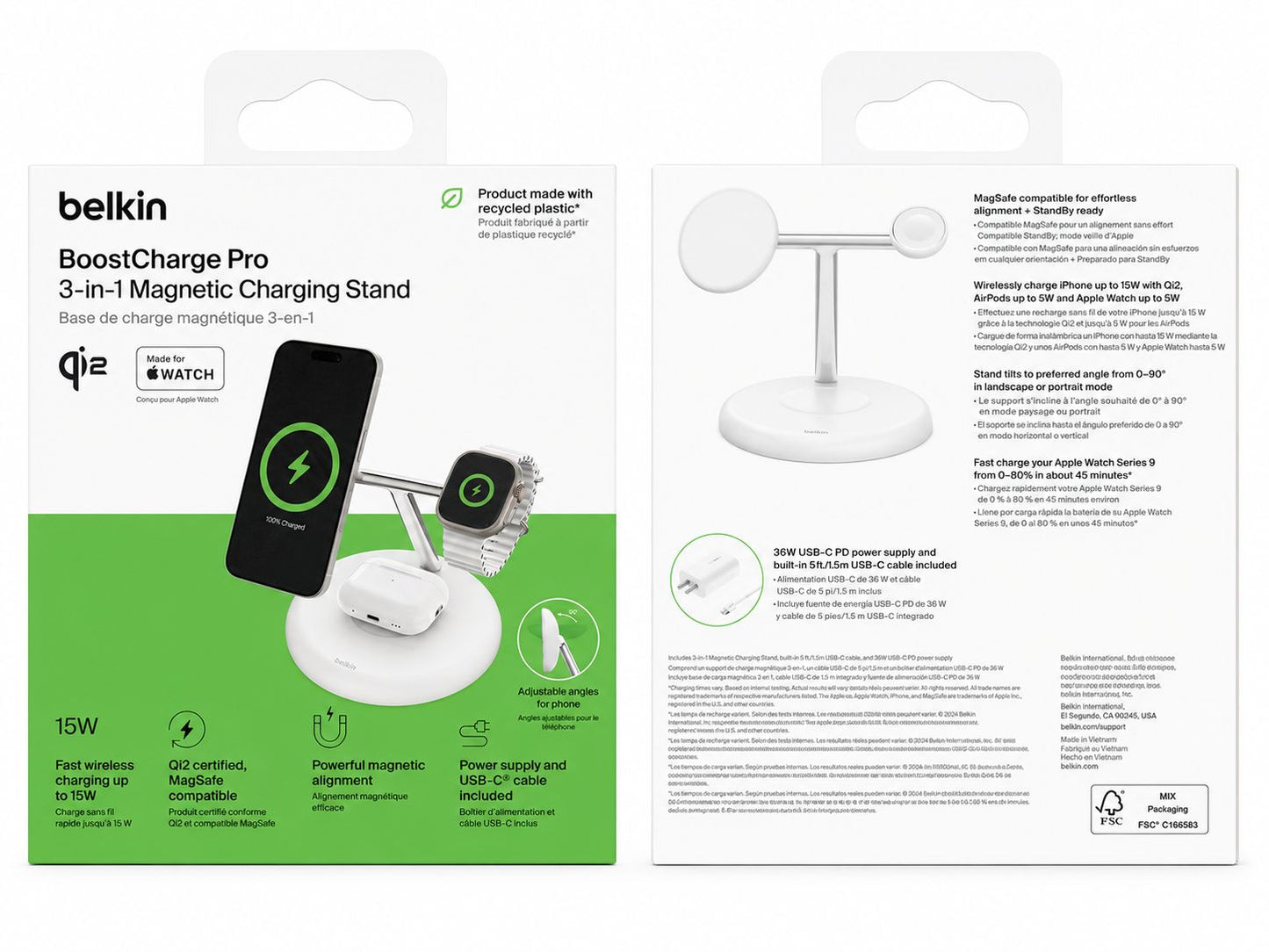 Belkin BoostCharge Pro 3-in-1 15W Qi2 Wireless Magnetic Charging Stand (Open Box)
