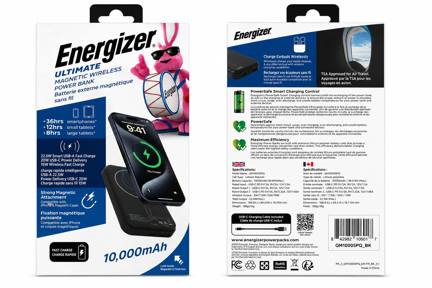 Energizer 10000 mAh USB-C/USB-A Magnetic Qi Wireless Power Bank (Open Box)