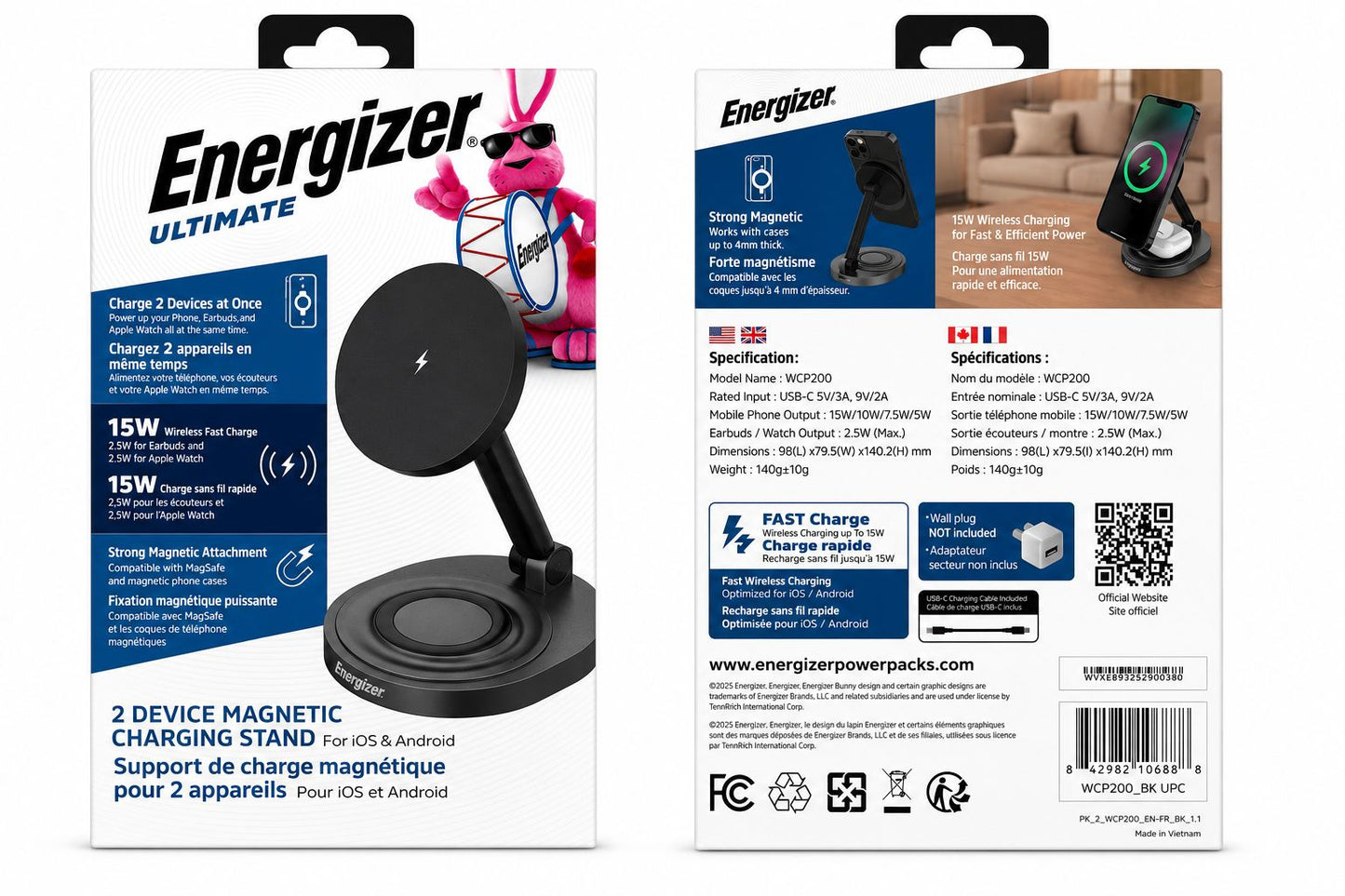 Energizer 2-in-1 15W Qi Wireless Charging Stand (Open Box)