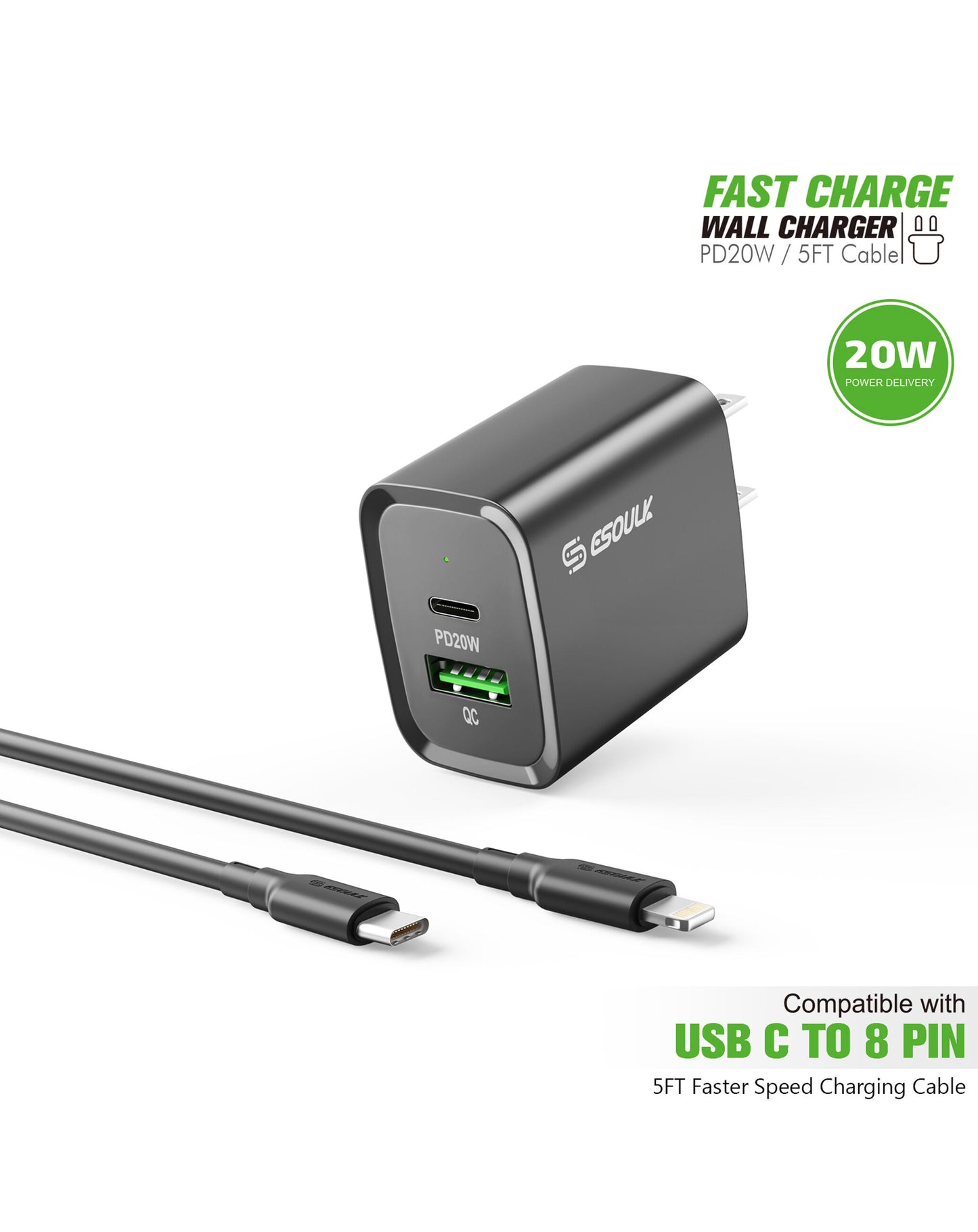 Esoulk USB C+A PD/QC Wall Adapter w/ Type C to Lightning Cable (20W) (5ft) (BLACK)