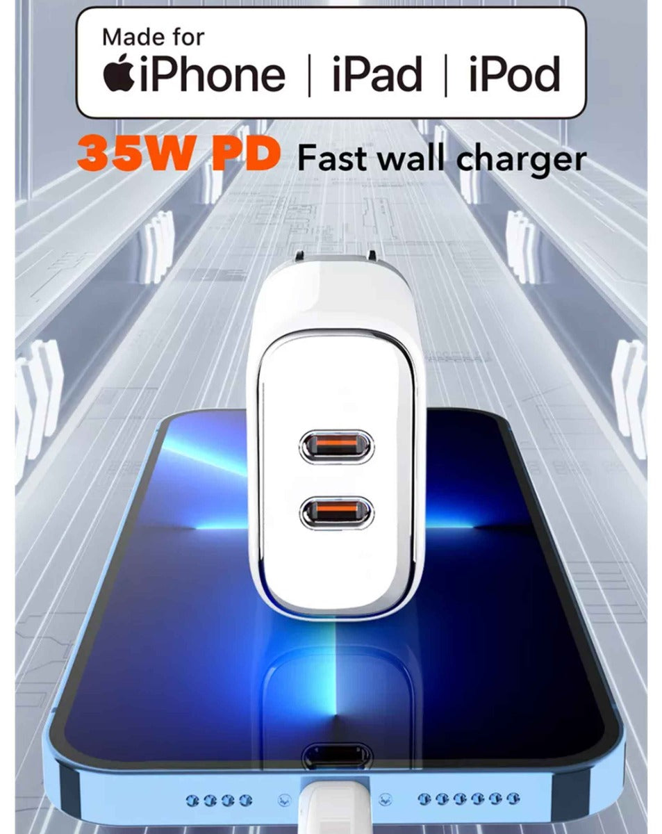 LDNIO A2528C Dual USB C Wall Charger with USB C-L MFI Cable (3ft) (35W) (Only Ground Shipping)