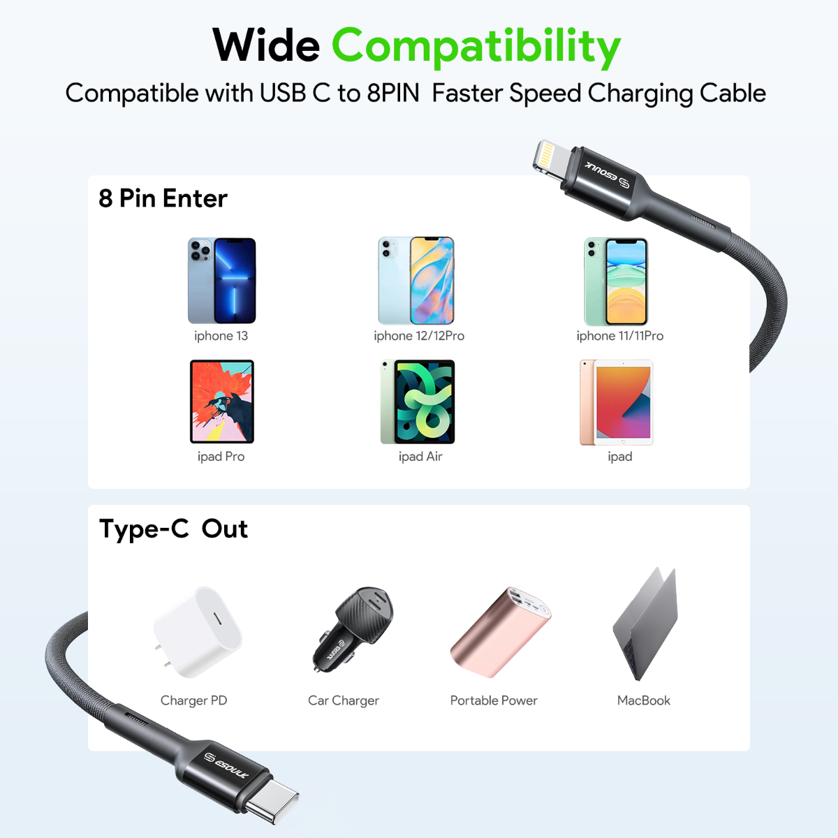 Esoulk EC51 Type C to Lightning Fast Charging Cable (BLACK) (10ft)