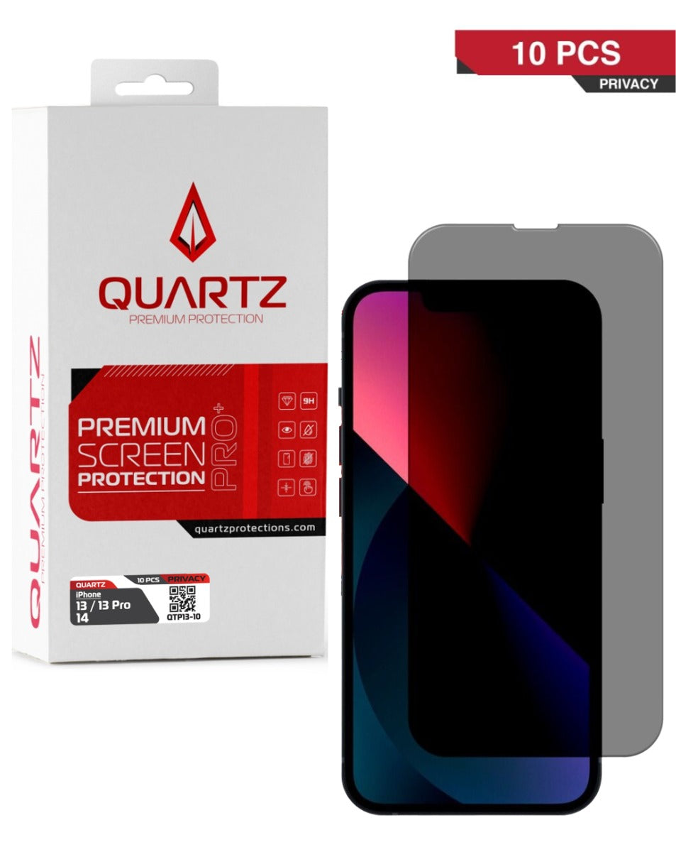 QUARTZ Privacy Tempered Glass for iPhone 13 / 13 Pro / 14 / 16e / 17e (Pack of 10)