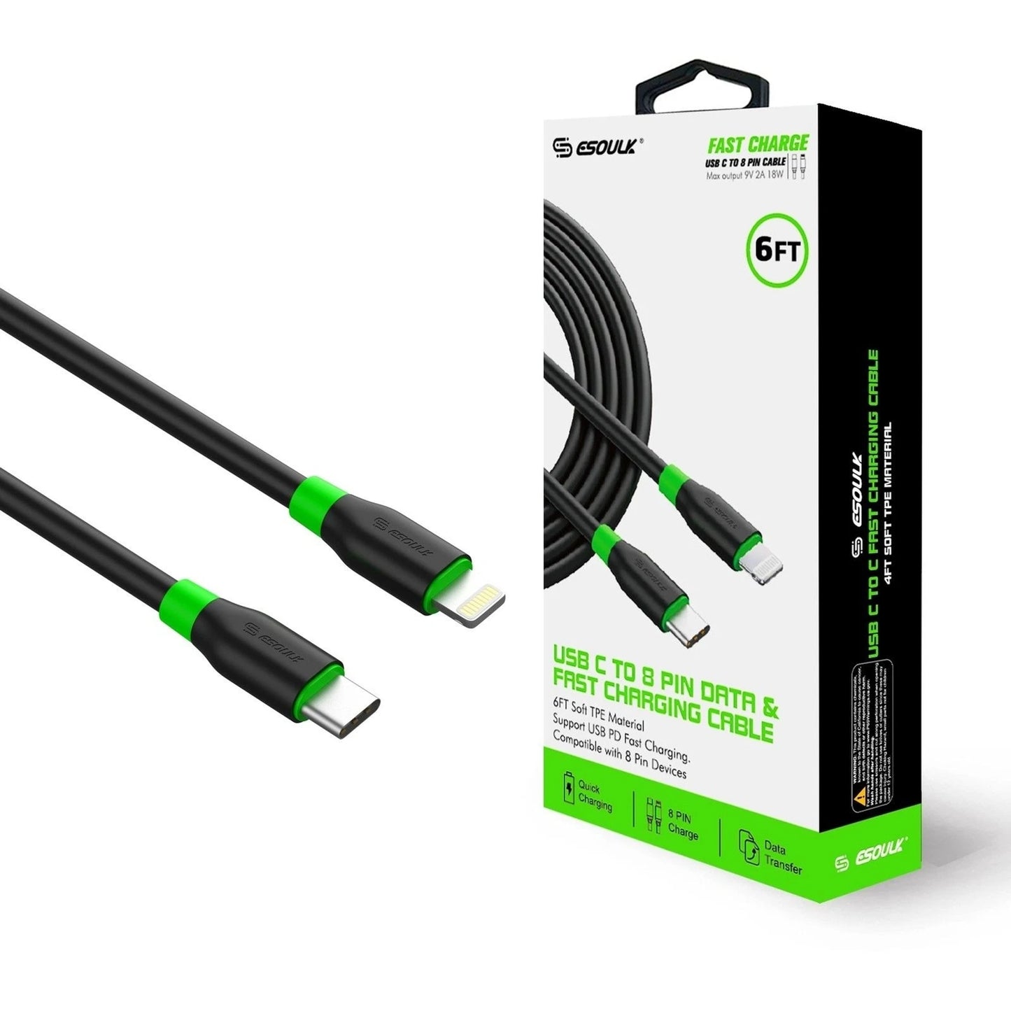 Esoulk USB C- Lightning Cable (BLACK) (6ft)