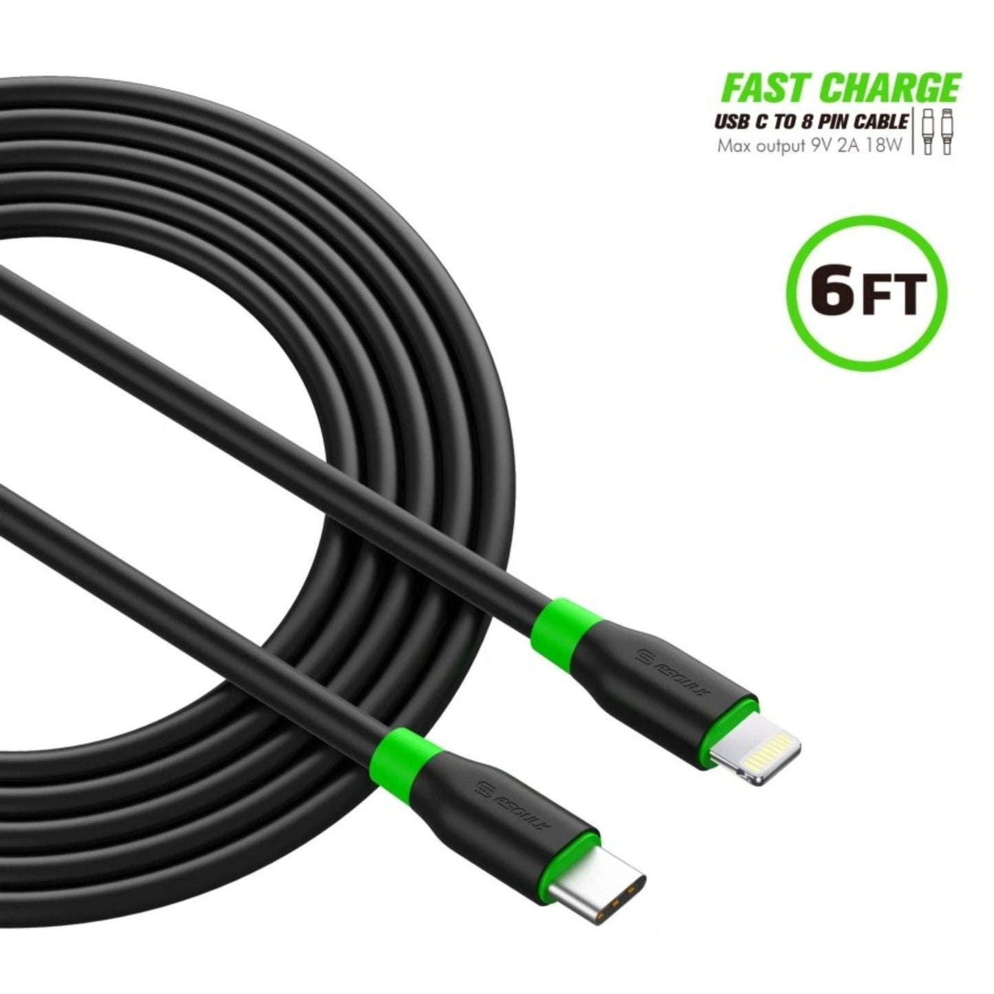 Esoulk USB C- Lightning Cable (BLACK) (6ft)