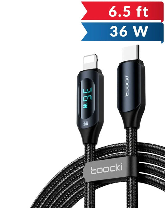 Toocki Type C to Lightning Fast Charging Data Cable w/ Display (Black) (36W) (6ft)