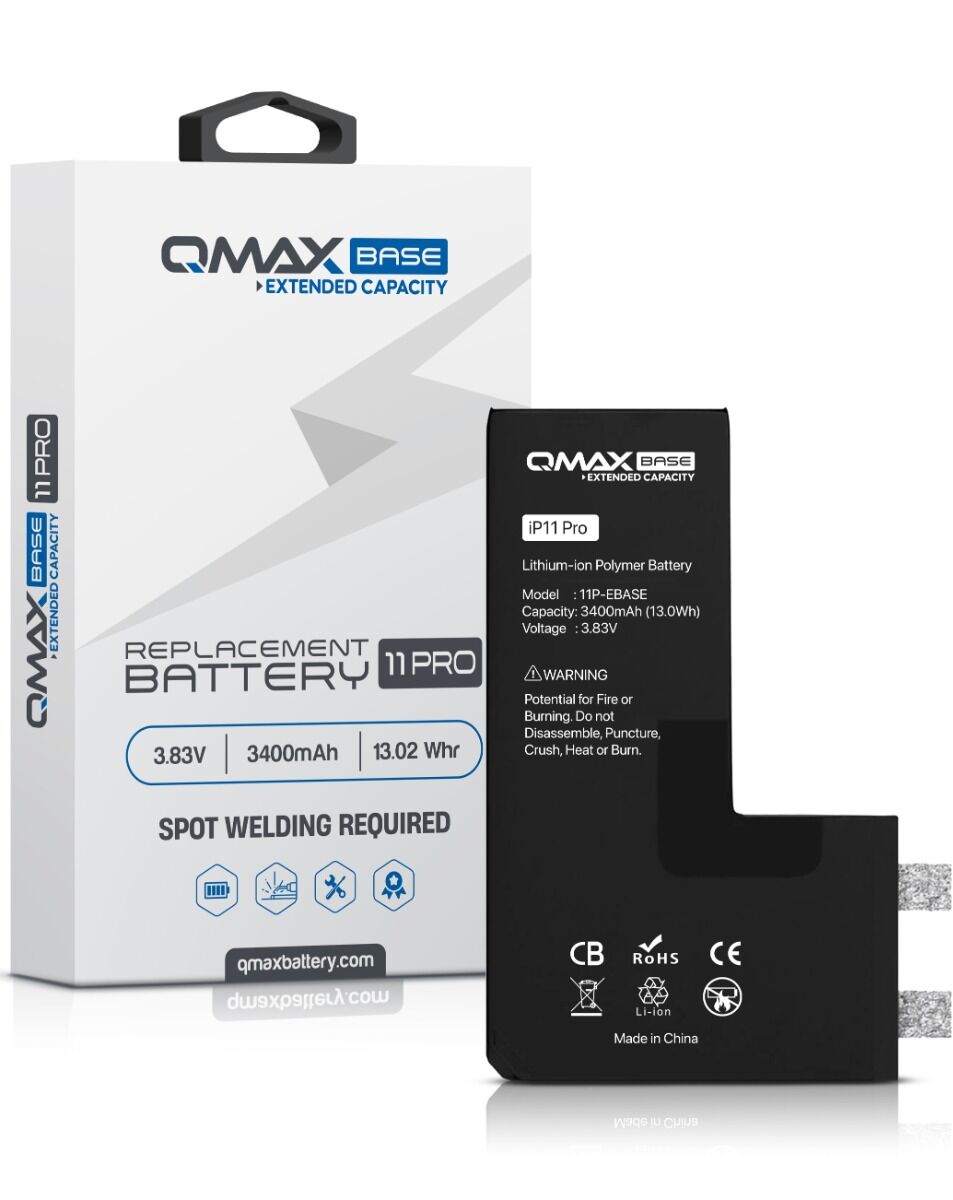 QMAX Base iPhone 11 Pro Extended Capacity Replacement Battery (Spot Weld Required) (3400 mAh)