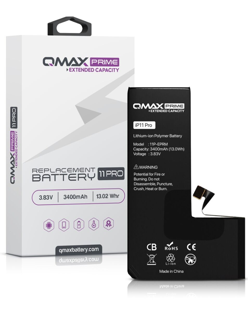 QMAX Prime iPhone 11 Pro Extended Capacity Replacement Battery (Spot Weld NOT Required) (3400 mAh)