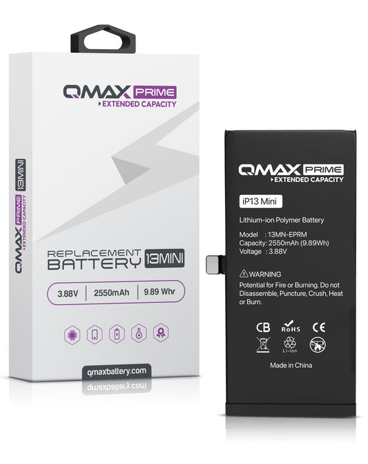 QMAX Prime iPhone 13 Mini Extended Capacity Replacement Battery (Spot Weld NOT Required) (2550 mAh)