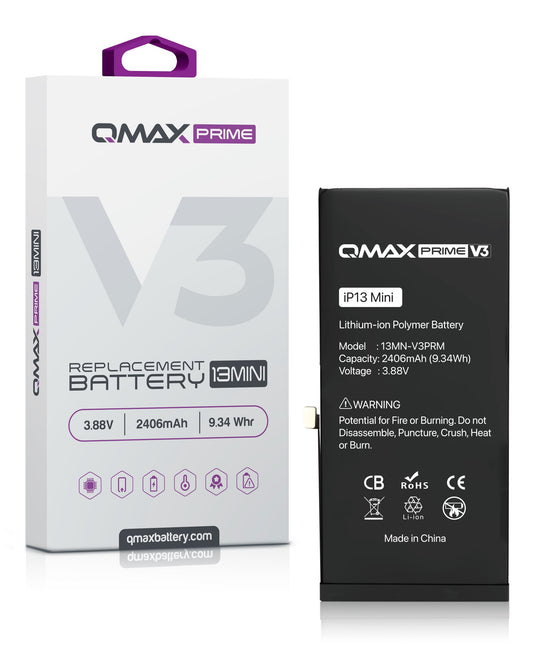 QMAX Prime V3 Replacement Battery for iPhone 13 Mini (No Pop-Up) (2406 mAh)