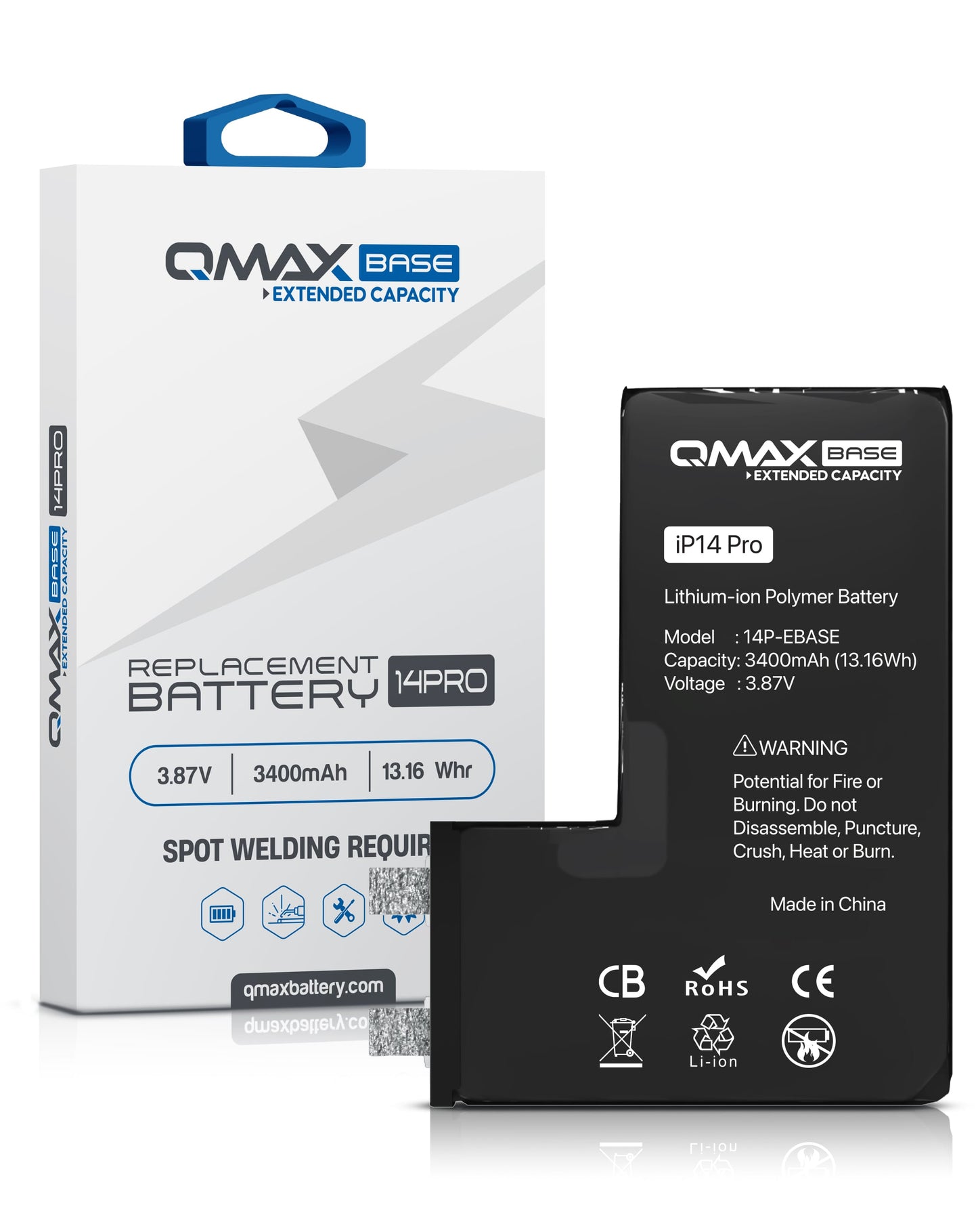 QMAX Base Extended Capacity Replacement Battery for iPhone 14 Pro (Spot Weld Required) (3400 mAh) (Only Ground Shipping)