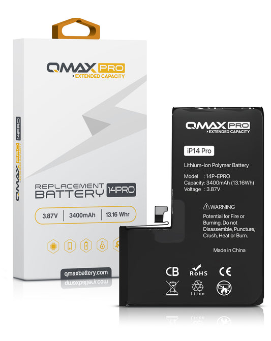 QMAX Pro Extended Capacity Replacement Battery for iPhone 14 Pro (3400 mAh) (Only Ground Shipping)