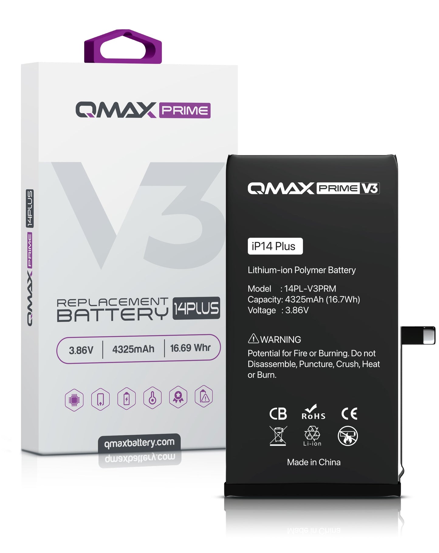 QMAX Prime V3 Replacement Battery for iPhone 14 Plus (No Pop-Up) (4325 mAh)