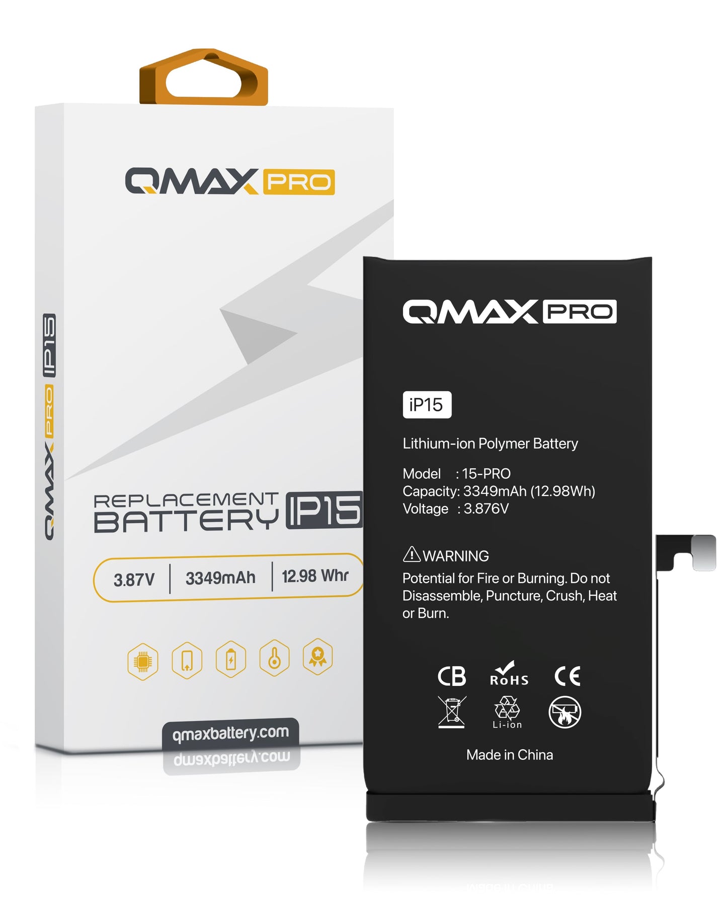 QMAX Pro Replacement Battery for iPhone 15 (3349 mAh) (Only Ground Shipping)