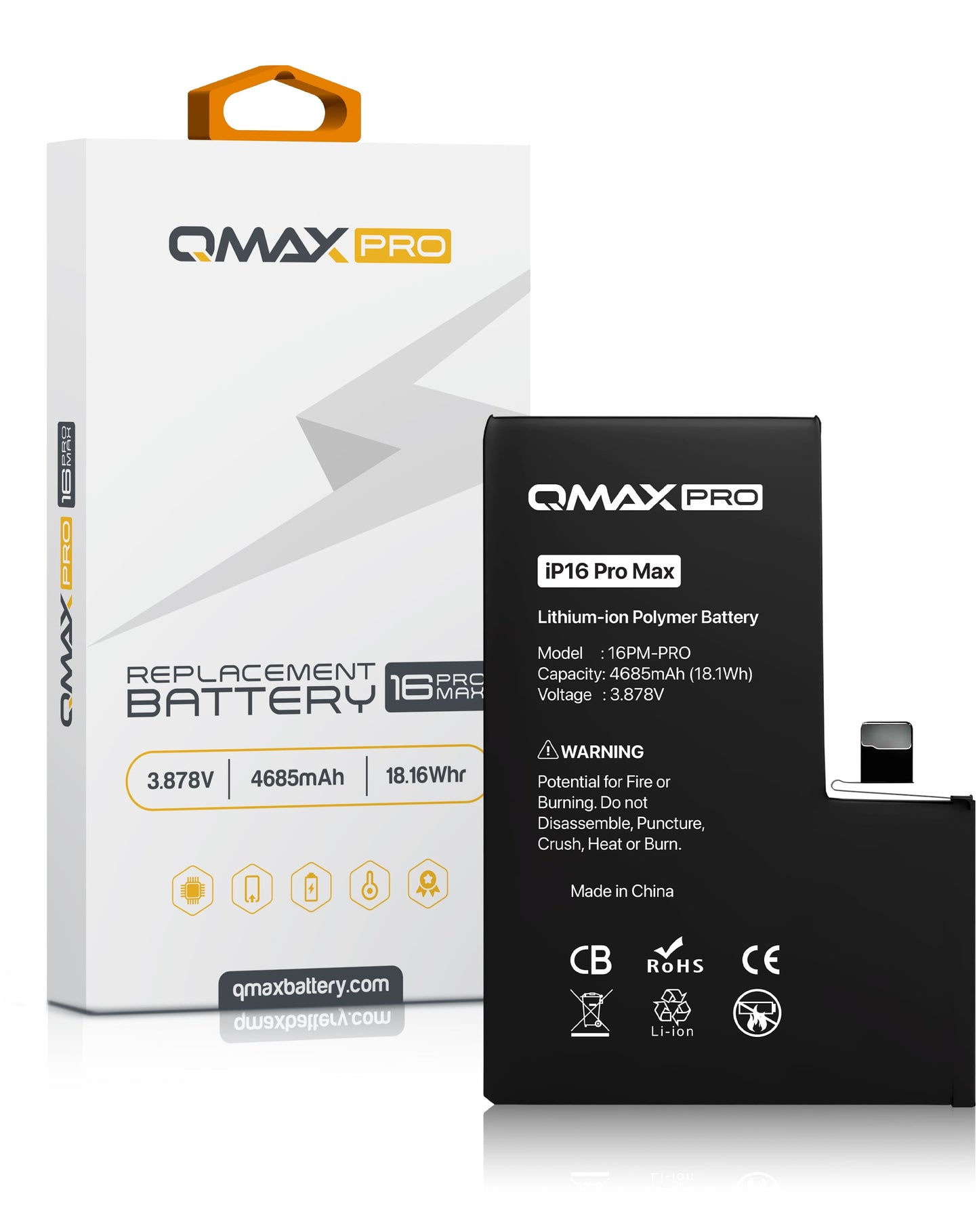 QMAX Pro Replacement Battery for iPhone 16 Pro Max (4685 mAh) (Only Ground Shipping)