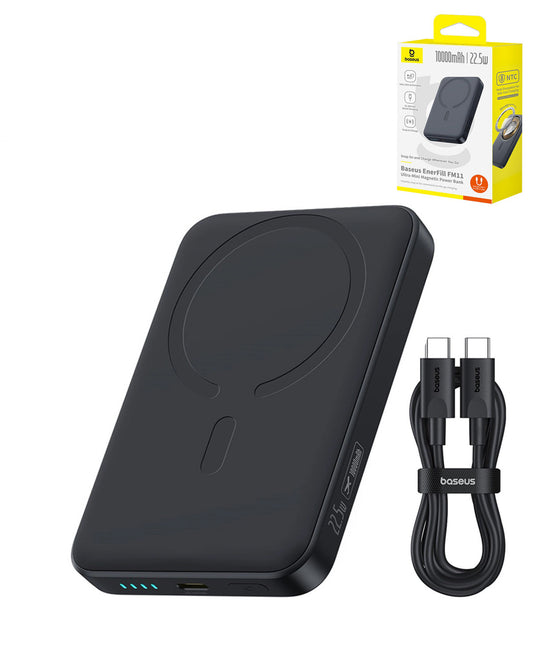 BASEUS EnerFill FM11 Ultra-Mini Magnetic Power Bank with USB C-C Fast Charging Cable (22.5W) (10000mAh) (COSMIC BLACK) (Only Ground Shipping)