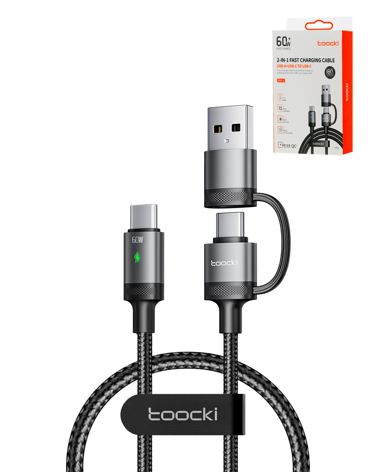 Toocki USB A+C to C Fast Charging Data Cable (3ft) (60w) (GRAY) (Only Ground Shipping)