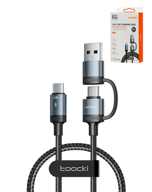 Toocki USB A+C to C Fast Charging Data Cable (3ft) (60w) (BLUE) (Only Ground Shipping)